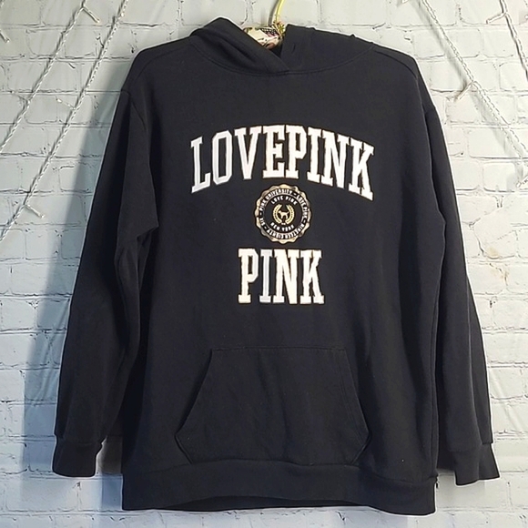 2020 Victoria's Secret PINK Logo Spellout Black & Gold Hoodie Sweatshirt Size S - Picture 1 of 16